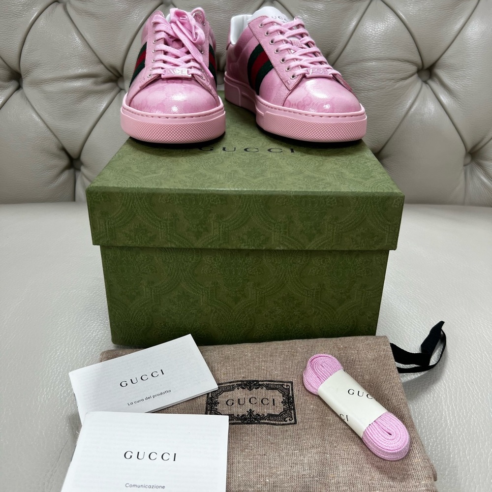 New Gucci PINK Lace-Up Sneakers Shoes - Picture 4 of 11